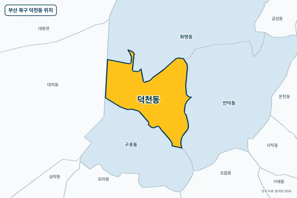 부산 북구 덕천동 위치 지도. 노란색으로 칠한 덕천동 둘레에 화명동, 구포동, 만덕동, 대저동 이름이 적혀 있다.