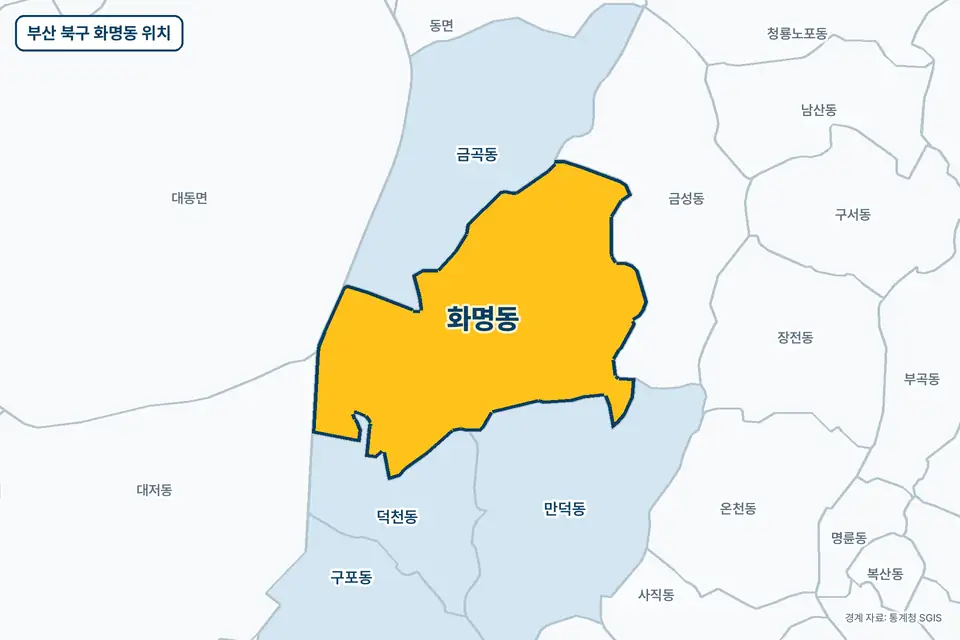 부산 북구 화명동 위치 지도. 노란색으로 칠한 화명동 둘레에 금곡동, 금성동, 덕천동, 만덕동 이름이 적혀 있다.