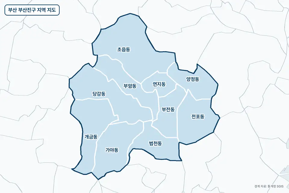 부산 부산진구 지역 지도. 초읍동, 당감동, 개금동, 가야동 등 10곳이 파란색으로 칠해져 있고 이름이 적혀 있다.