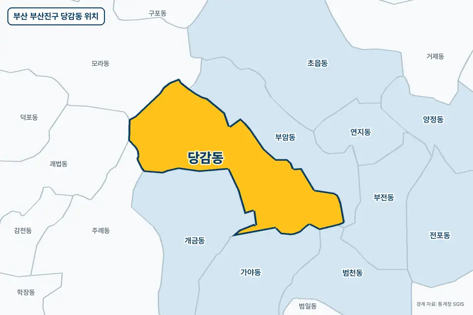 부산 부산진구 당감동 지도 그림. 가운데 노란 부분이 당감동이고 주변에 부암동, 개금동, 가야동, 모라동이 보인다.