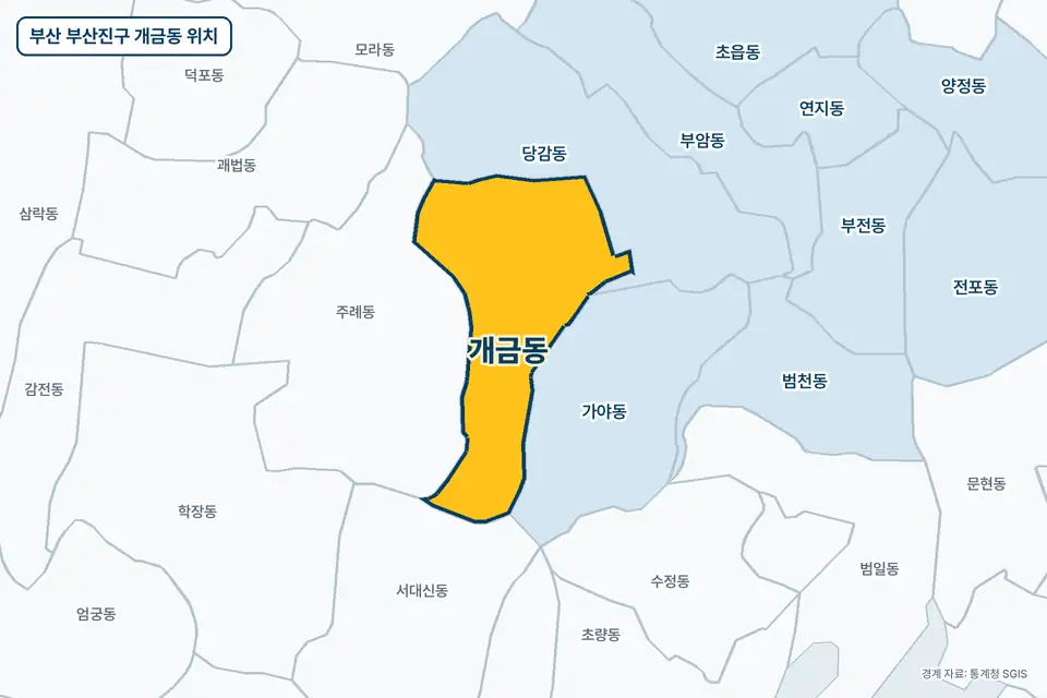 노란색으로 표시한 부산 부산진구 개금동과 그 둘레의 주례동, 당감동, 가야동, 서대신동을 그린 지도 그림.
