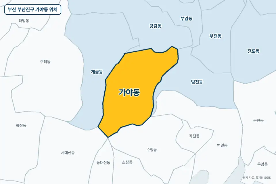 부산 부산진구 가야동 지도 그림. 가운데 노란 부분이 가야동이고 주변에 개금동, 범천동, 당감동, 수정동이 보인다.