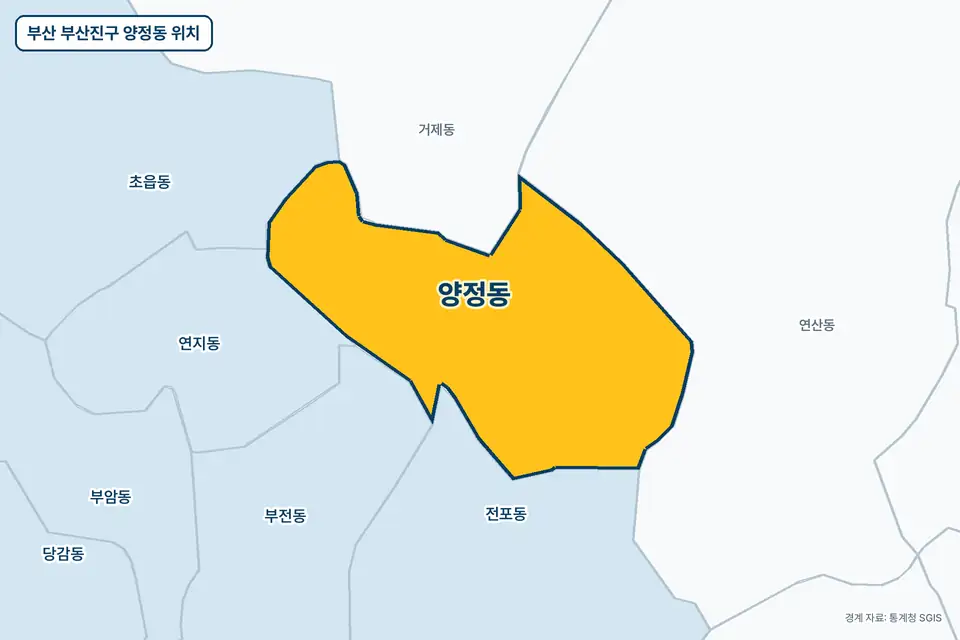 부산 부산진구 양정동 지도 그림. 가운데 노란 부분이 양정동이고 주변에 연산동, 전포동, 거제동, 연지동이 보인다.