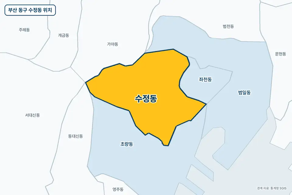 노란색으로 표시한 부산 동구 수정동과 그 둘레의 초량동, 가야동, 좌천동, 범일동을 그린 지도 그림.