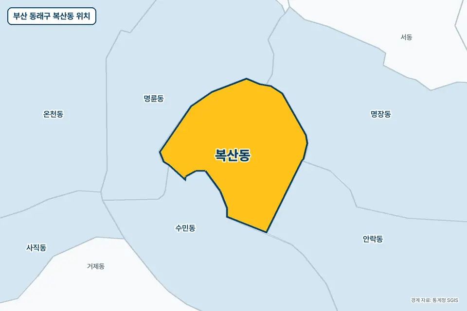 노란색으로 표시한 부산 동래구 복산동과 그 둘레의 명륜동, 수민동, 명장동, 안락동을 그린 지도 그림.