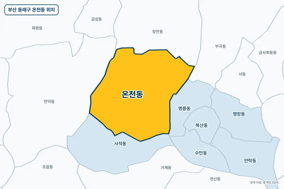 부산 동래구 온천동 위치 지도. 노란색으로 칠한 온천동 둘레에 장전동, 사직동, 만덕동, 명륜동 이름이 적혀 있다.