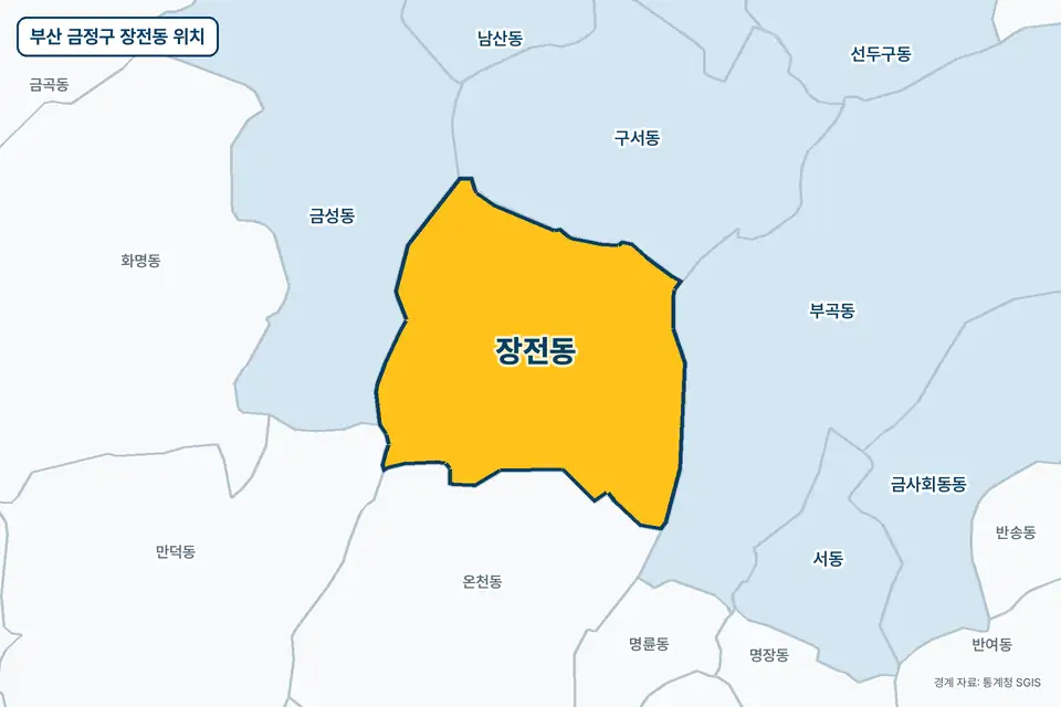 부산 금정구 장전동 지도 그림. 가운데 노란 부분이 장전동이고 주변에 온천동, 구서동, 금성동, 부곡동이 보인다.