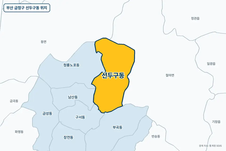 노란색으로 표시한 부산 금정구 선두구동과 그 둘레의 철마면, 청룡노포동, 부곡동, 남산동을 그린 지도 그림.