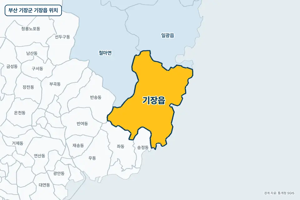 부산 기장군 기장읍 지도 그림. 가운데 노란 부분이 기장읍이고 주변에 철마면, 일광읍, 좌동, 송정동이 보인다.