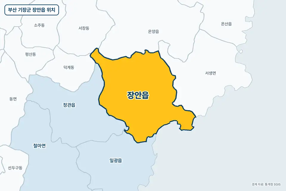 노란색으로 표시한 부산 기장군 장안읍과 그 둘레의 서생면, 정관읍, 온양읍, 일광읍을 그린 지도 그림.