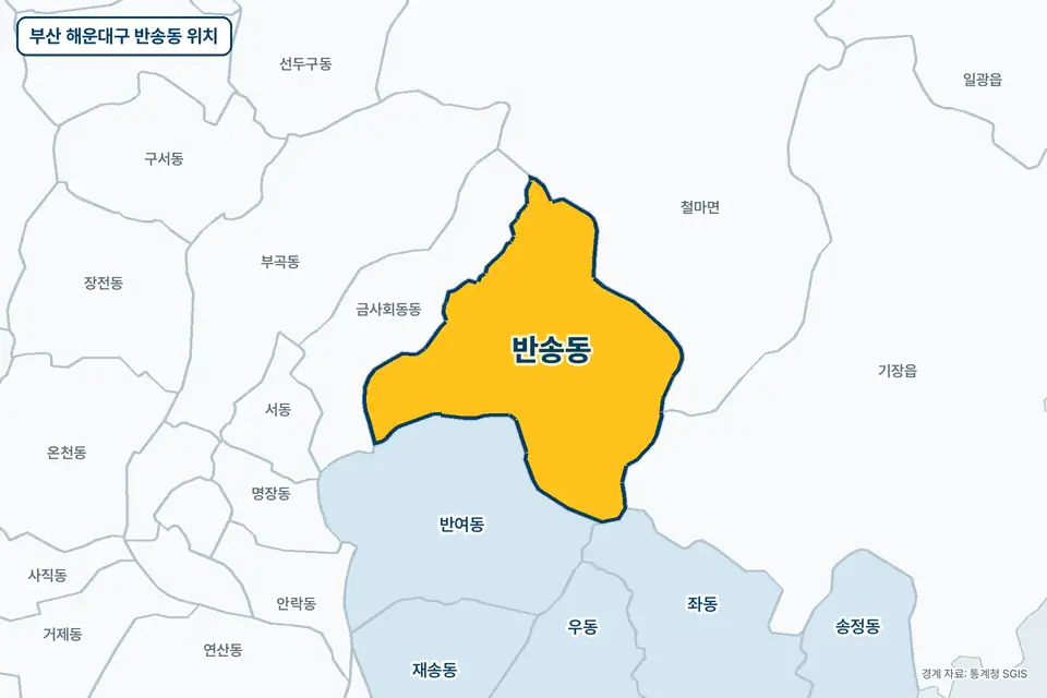 노란색으로 표시한 부산 해운대구 반송동과 그 둘레의 금사회동동, 철마면, 반여동, 기장읍을 그린 지도 그림.