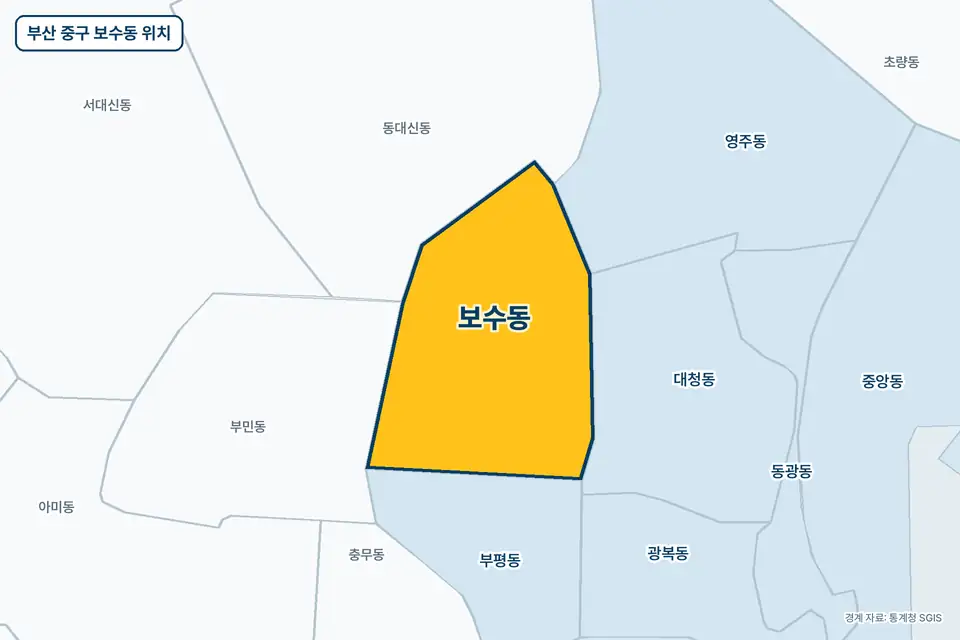 부산 중구 보수동 위치 지도. 노란색으로 칠한 보수동 둘레에 부평동, 동대신동, 대청동, 부민동 이름이 적혀 있다.
