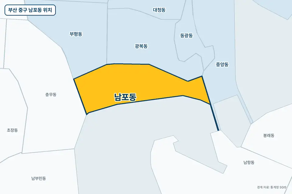 노란색으로 표시한 부산 중구 남포동과 그 둘레의 광복동, 중앙동, 부평동, 충무동을 그린 지도 그림.