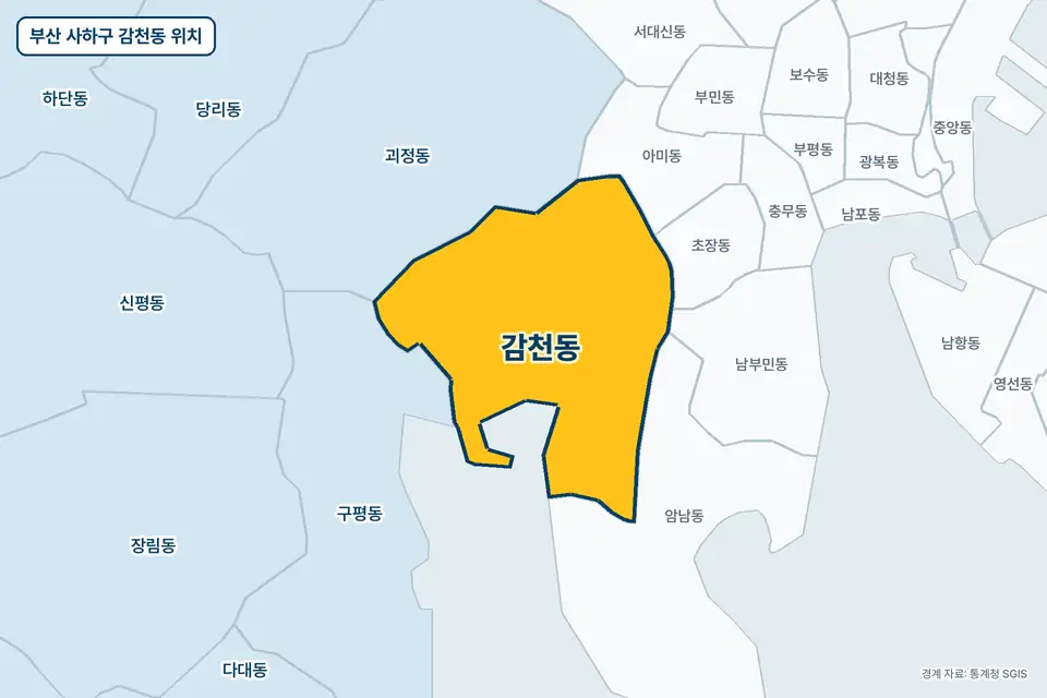 부산 사하구 감천동 지도 그림. 가운데 노란 부분이 감천동이고 주변에 암남동, 괴정동, 구평동, 아미동이 보인다.