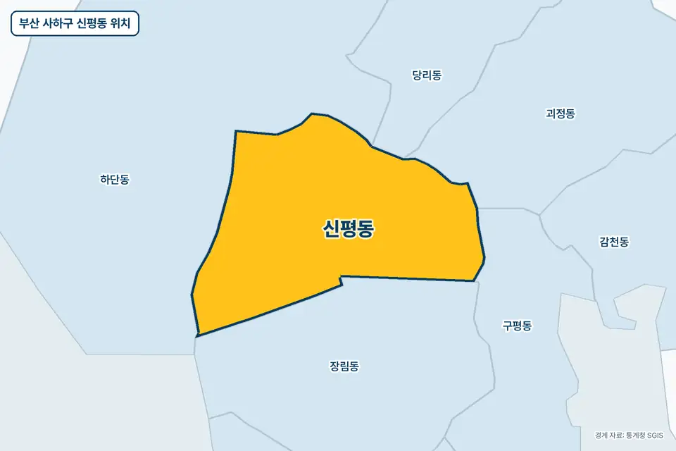 노란색으로 표시한 부산 사하구 신평동과 그 둘레의 하단동, 장림동, 괴정동, 구평동을 그린 지도 그림.