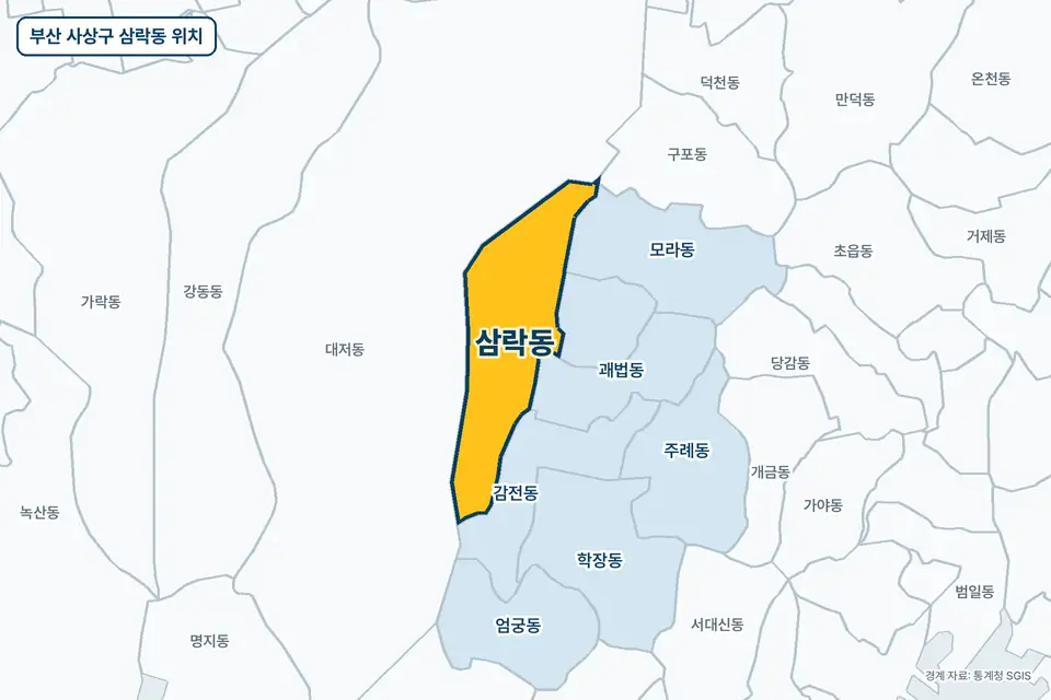 노란색으로 표시한 부산 사상구 삼락동과 그 둘레의 대저동, 감전동, 모라동, 괘법동을 그린 지도 그림.