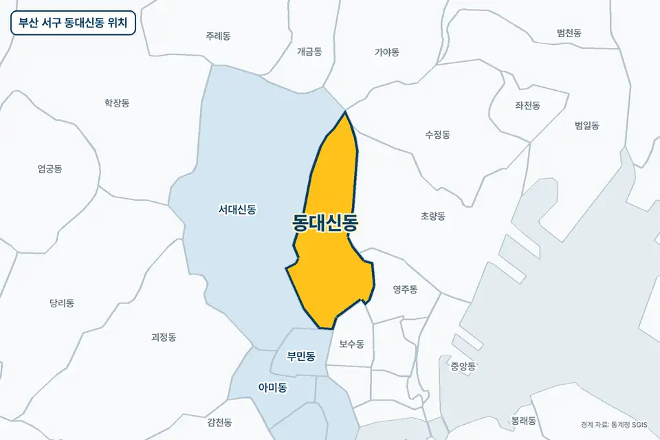 부산 서구 동대신동 지도 그림. 가운데 노란 부분이 동대신동이고 주변에 서대신동, 초량동, 영주동, 보수동이 보인다.