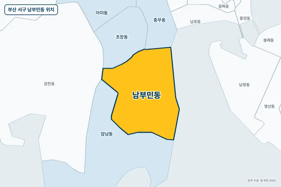 부산 서구 남부민동 지도 그림. 가운데 노란 부분이 남부민동이고 주변에 암남동, 초장동, 충무동, 감천동이 보인다.