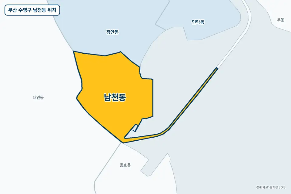 부산 수영구 남천동 지도 그림. 가운데 노란 부분이 남천동이고 주변에 대연동, 광안동, 용호동, 민락동이 보인다.