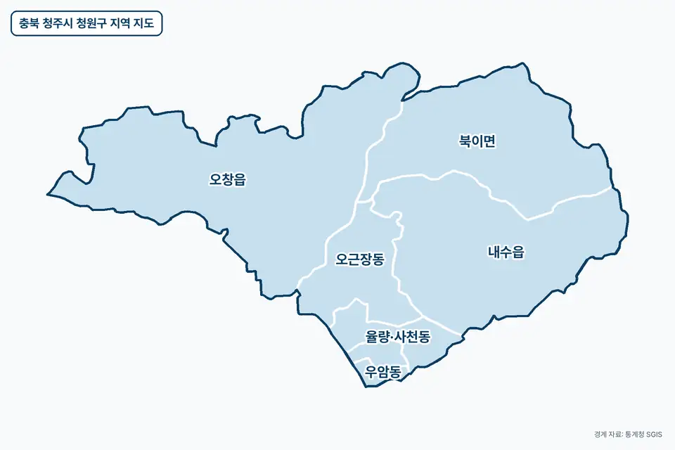 파란색으로 칠한 충북 청주시 청원구 지도 그림. 오창읍, 내수읍, 북이면, 오근장동을 비롯한 7곳의 경계와 이름이 보인다.
