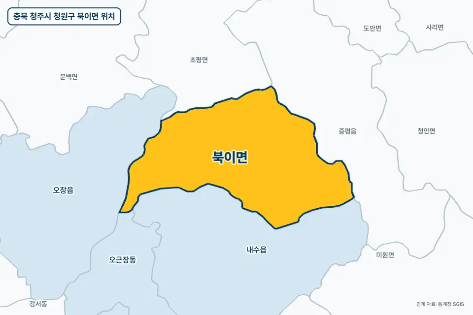 충북 청주시 청원구 북이면 위치 지도. 노란색으로 칠한 북이면 둘레에 내수읍, 오창읍, 오근장동, 증평읍 이름이 적혀 있다.