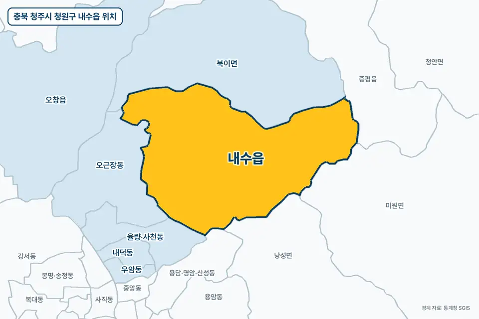 충북 청주시 청원구 내수읍 지도 그림. 가운데 노란 부분이 내수읍이고 주변에 북이면, 오근장동, 낭성면, 미원면이 보인다.