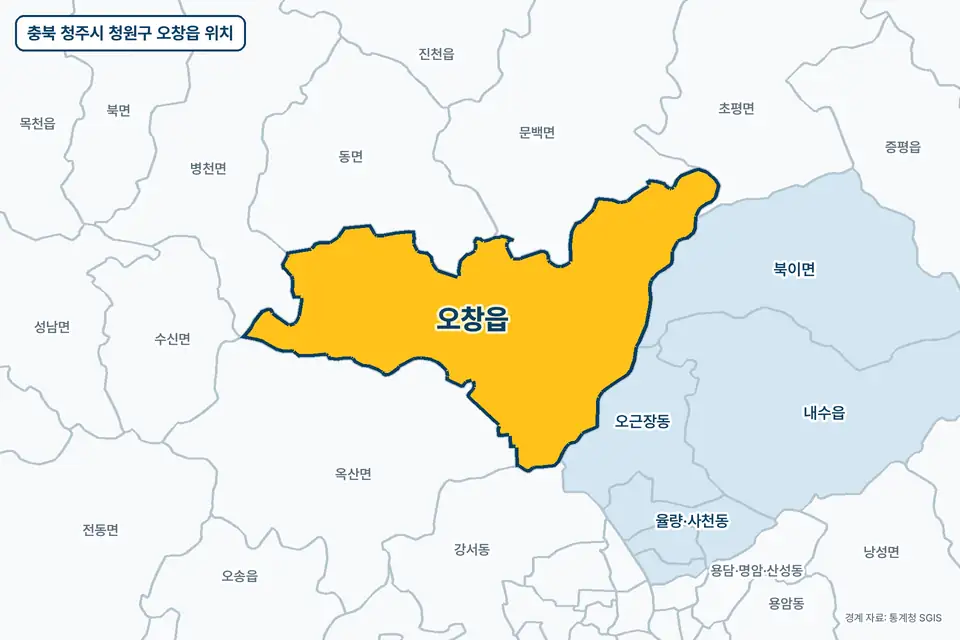 충북 청주시 청원구 오창읍 지도 그림. 가운데 노란 부분이 오창읍이고 주변에 옥산면, 북이면, 오근장동, 강서동이 보인다.