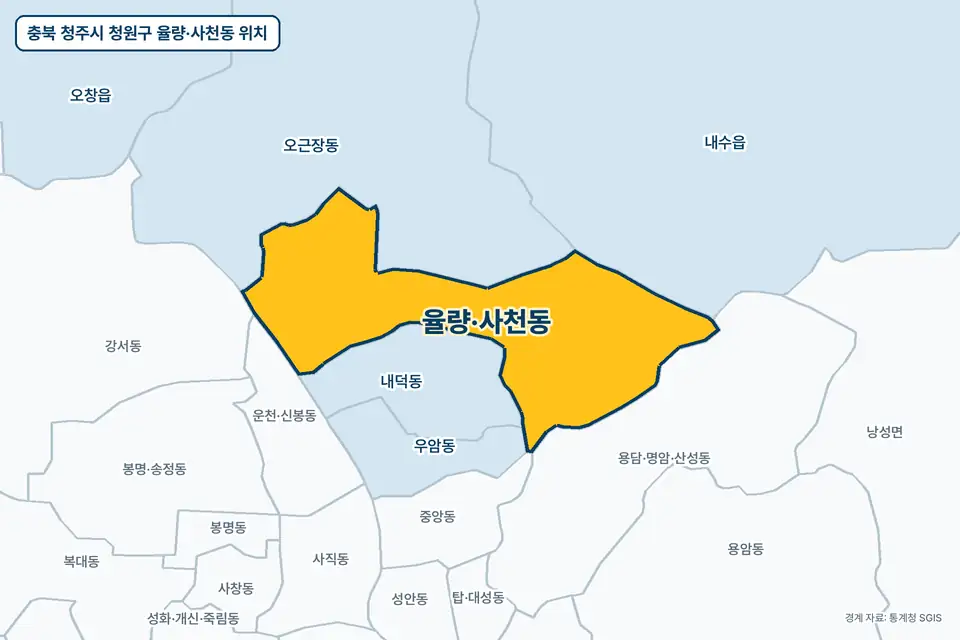 충북 청주시 청원구 율량·사천동 위치 지도. 노란색으로 칠한 율량·사천동 둘레에 오근장동, 내덕동, 용담·명암·산성동, 내수읍 이름이 적혀 있다.