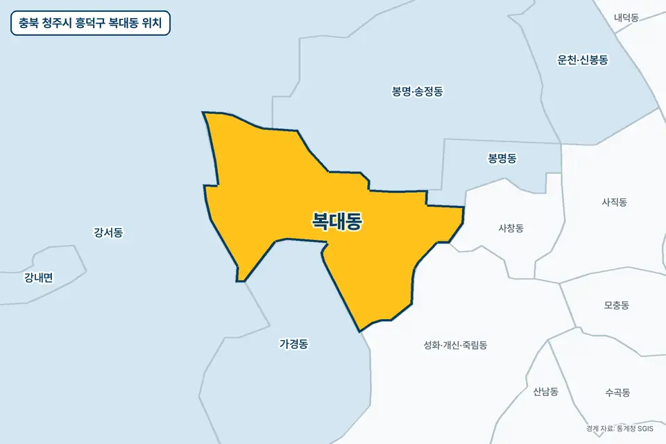 충북 청주시 흥덕구 복대동 지도 그림. 가운데 노란 부분이 복대동이고 주변에 강서동, 가경동, 봉명·송정동, 성화·개신·죽림동이 보인다.