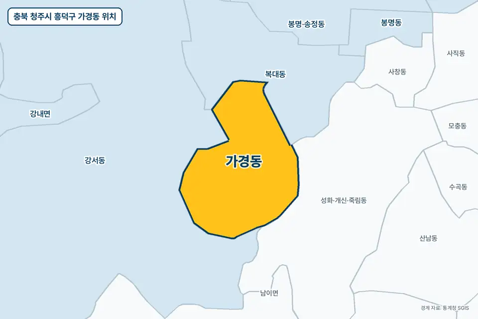 충북 청주시 흥덕구 가경동 위치 지도. 노란색으로 칠한 가경동 둘레에 강서동, 복대동, 성화·개신·죽림동, 산남동 이름이 적혀 있다.