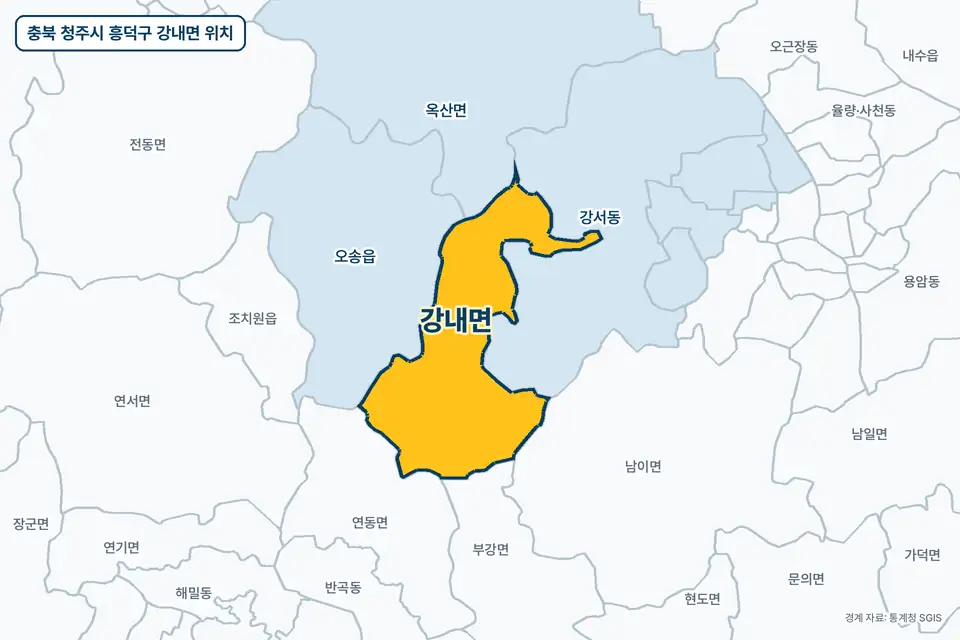 충북 청주시 흥덕구 강내면 지도 그림. 가운데 노란 부분이 강내면이고 주변에 강서동, 오송읍, 연동면, 부강면이 보인다.