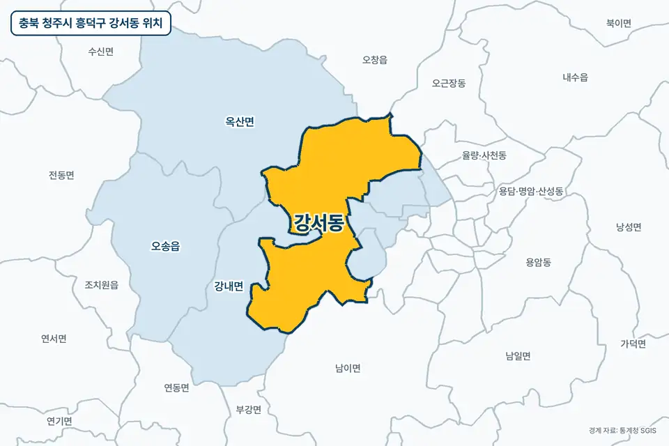 노란색으로 표시한 충북 청주시 흥덕구 강서동과 그 둘레의 강내면, 옥산면, 남이면, 오근장동을 그린 지도 그림.