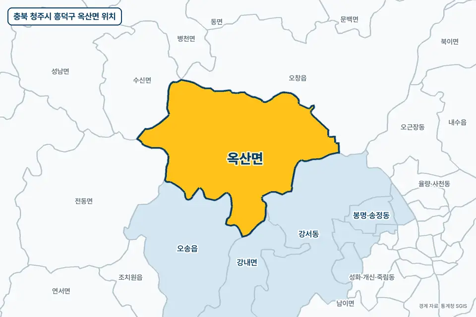 노란색으로 표시한 충북 청주시 흥덕구 옥산면과 그 둘레의 오창읍, 오송읍, 강서동, 전동면을 그린 지도 그림.