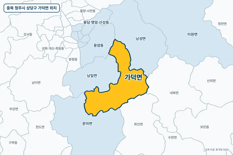 노란색으로 표시한 충북 청주시 상당구 가덕면과 그 둘레의 남일면, 낭성면, 문의면, 용암동을 그린 지도 그림.