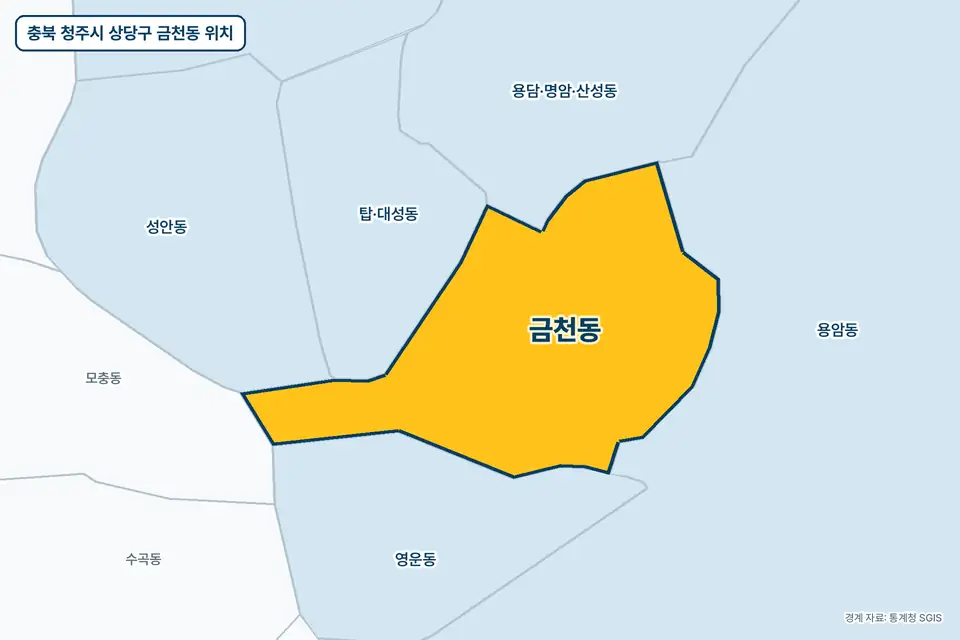 충북 청주시 상당구 금천동 위치 지도. 노란색으로 칠한 금천동 둘레에 영운동, 용암동, 탑·대성동, 용담·명암·산성동 이름이 적혀 있다.
