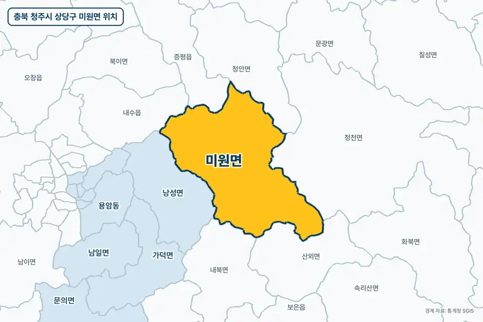노란색으로 표시한 충북 청주시 상당구 미원면과 그 둘레의 낭성면, 내수읍, 청천면, 칠성면을 그린 지도 그림.