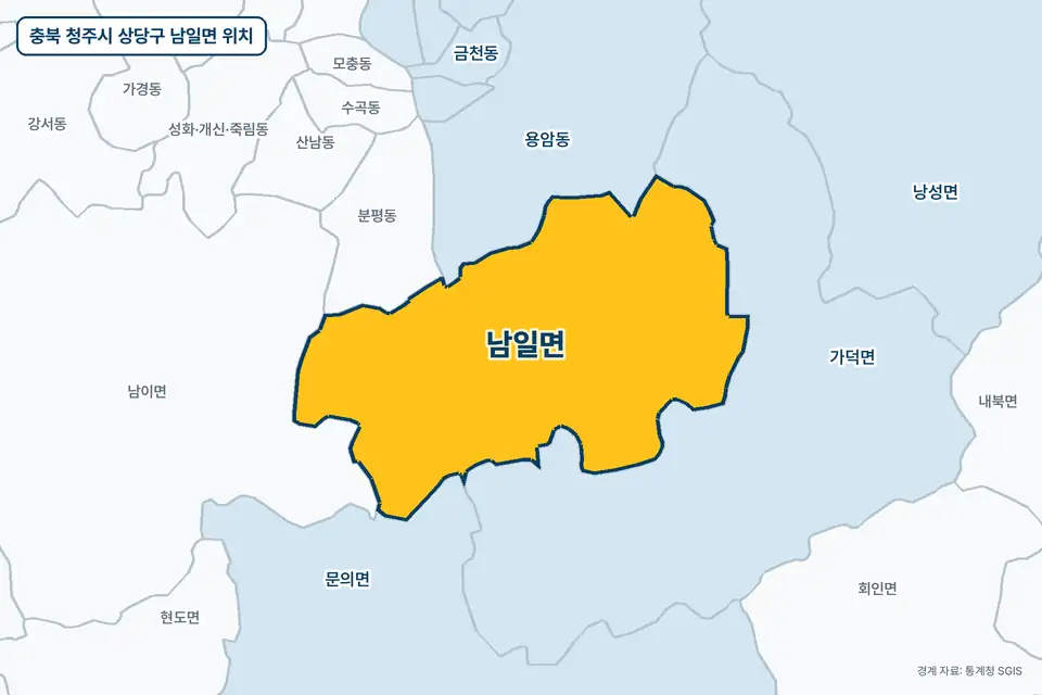충북 청주시 상당구 남일면 위치 지도. 노란색으로 칠한 남일면 둘레에 가덕면, 용암동, 남이면, 분평동 이름이 적혀 있다.