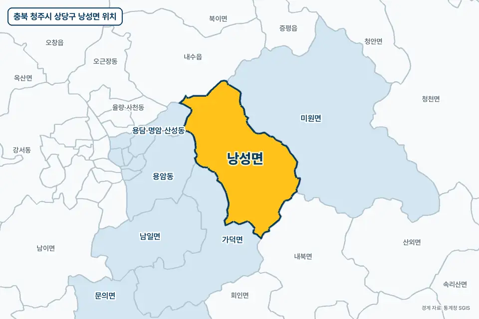 충북 청주시 상당구 낭성면 위치 지도. 노란색으로 칠한 낭성면 둘레에 미원면, 가덕면, 내수읍, 용암동 이름이 적혀 있다.