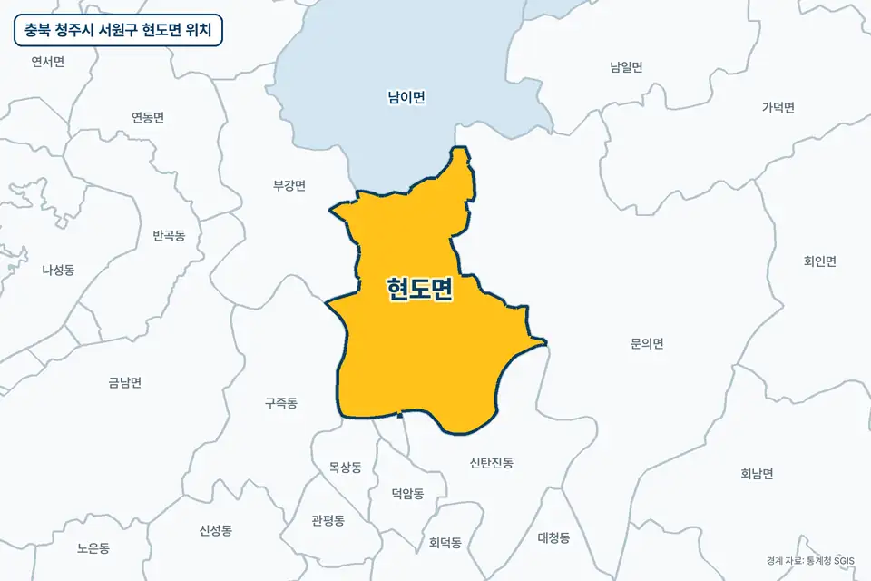 충북 청주시 서원구 현도면 지도 그림. 가운데 노란 부분이 현도면이고 주변에 문의면, 신탄진동, 부강면, 남이면이 보인다.
