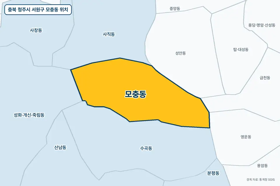 충북 청주시 서원구 모충동 지도 그림. 가운데 노란 부분이 모충동이고 주변에 수곡동, 사직동, 성안동, 성화·개신·죽림동이 보인다.