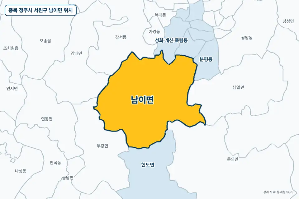 충북 청주시 서원구 남이면 지도 그림. 가운데 노란 부분이 남이면이고 주변에 부강면, 강서동, 남일면, 문의면이 보인다.