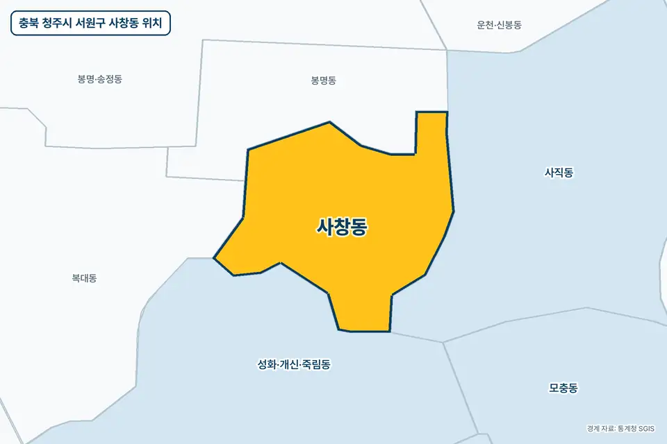 충북 청주시 서원구 사창동 위치 지도. 노란색으로 칠한 사창동 둘레에 봉명동, 성화·개신·죽림동, 사직동, 복대동 이름이 적혀 있다.