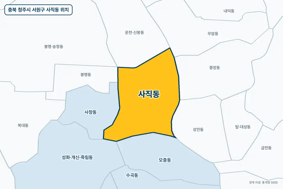 충북 청주시 서원구 사직동 위치 지도. 노란색으로 칠한 사직동 둘레에 모충동, 운천·신봉동, 사창동, 중앙동 이름이 적혀 있다.