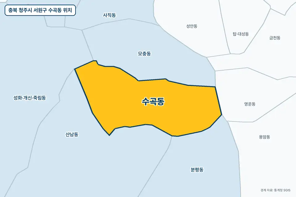 노란색으로 표시한 충북 청주시 서원구 수곡동과 그 둘레의 산남동, 모충동, 분평동, 영운동을 그린 지도 그림.