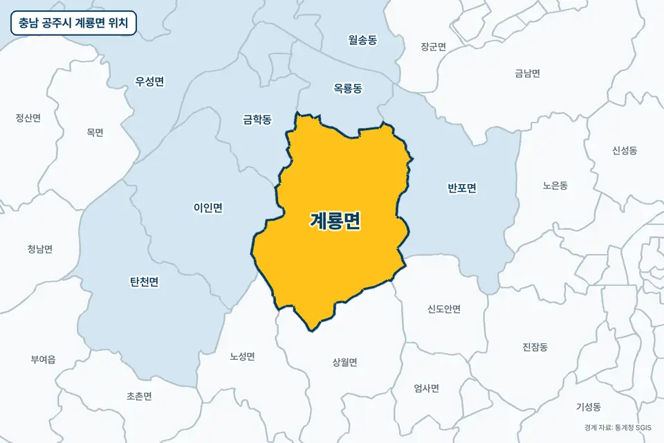 노란색으로 표시한 충남 공주시 계룡면과 그 둘레의 반포면, 옥룡동, 이인면, 금학동을 그린 지도 그림.