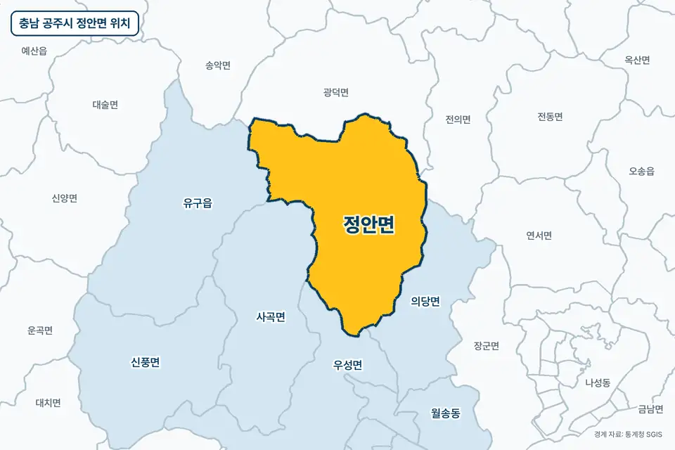 충남 공주시 정안면 지도 그림. 가운데 노란 부분이 정안면이고 주변에 의당면, 사곡면, 우성면, 유구읍이 보인다.