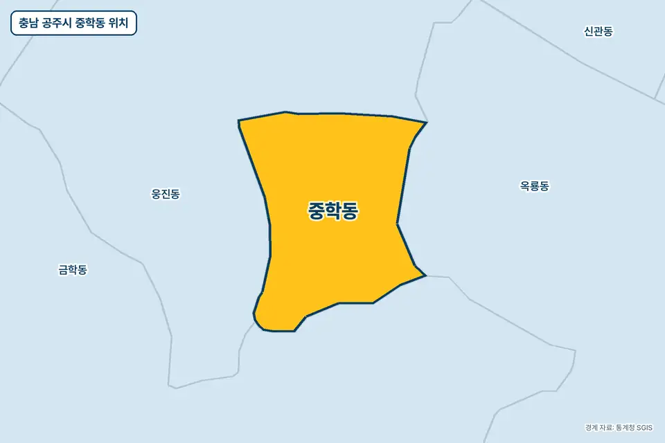 충남 공주시 중학동 지도 그림. 가운데 노란 부분이 중학동이고 주변에 웅진동, 금학동, 옥룡동, 신관동이 보인다.