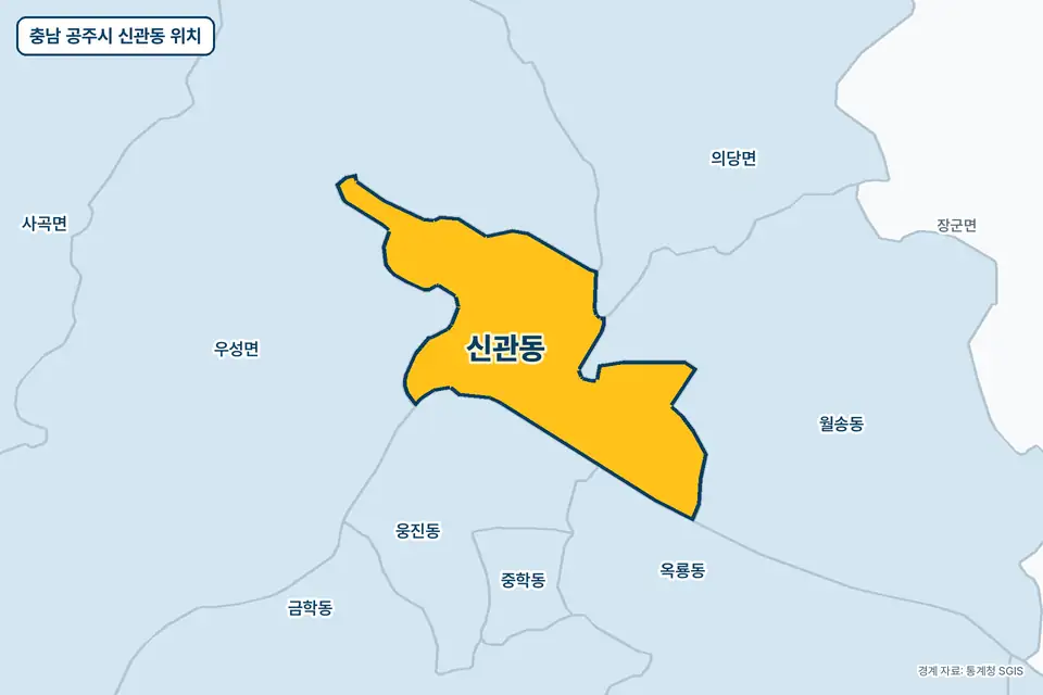노란색으로 표시한 충남 공주시 신관동과 그 둘레의 우성면, 월송동, 웅진동, 옥룡동을 그린 지도 그림.