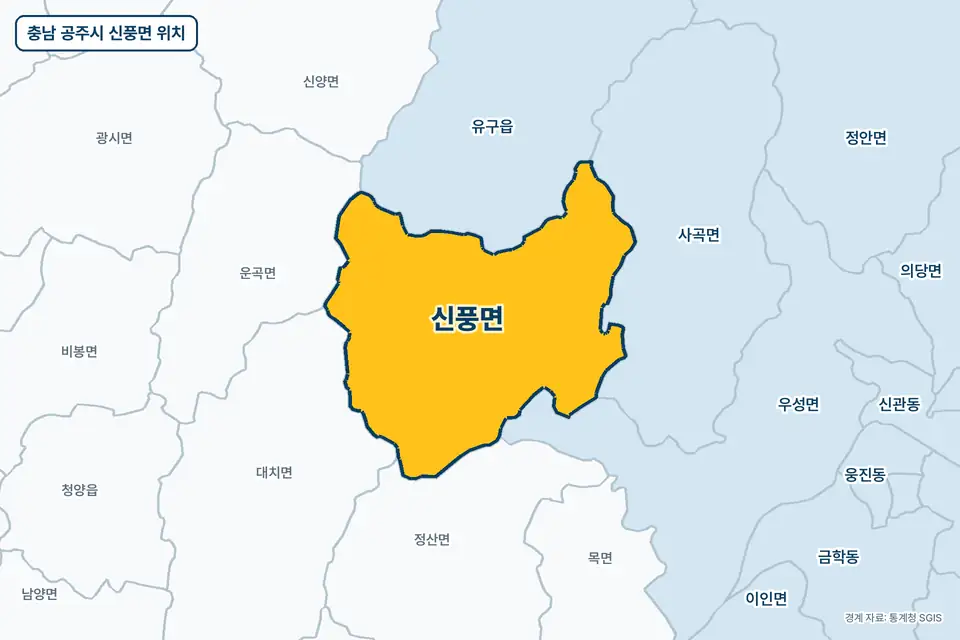 충남 공주시 신풍면 위치 지도. 노란색으로 칠한 신풍면 둘레에 유구읍, 사곡면, 우성면, 대치면 이름이 적혀 있다.