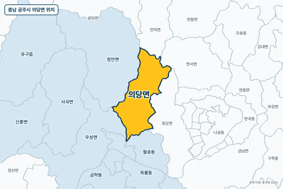 충남 공주시 의당면 위치 지도. 노란색으로 칠한 의당면 둘레에 장군면, 정안면, 우성면, 월송동 이름이 적혀 있다.